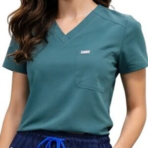 Figs Scrub Top Women Large Teal Green V-Neck Technical Collection Short Sleeve